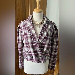We The Free Burgundy Plaid Double-Breasted Blazer